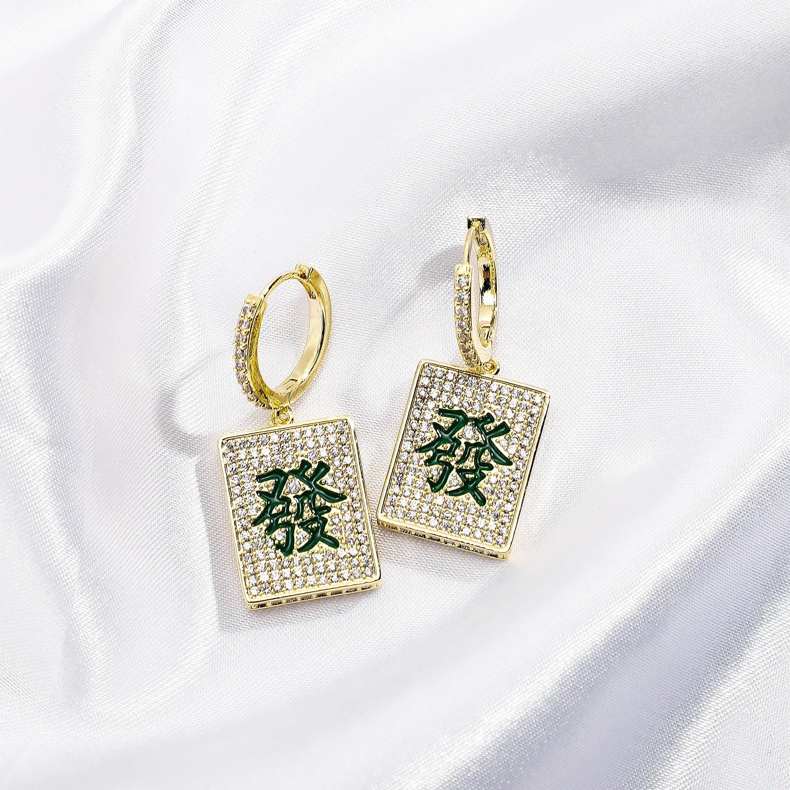 Iced Out Mahjong Dangle Earrings CZ