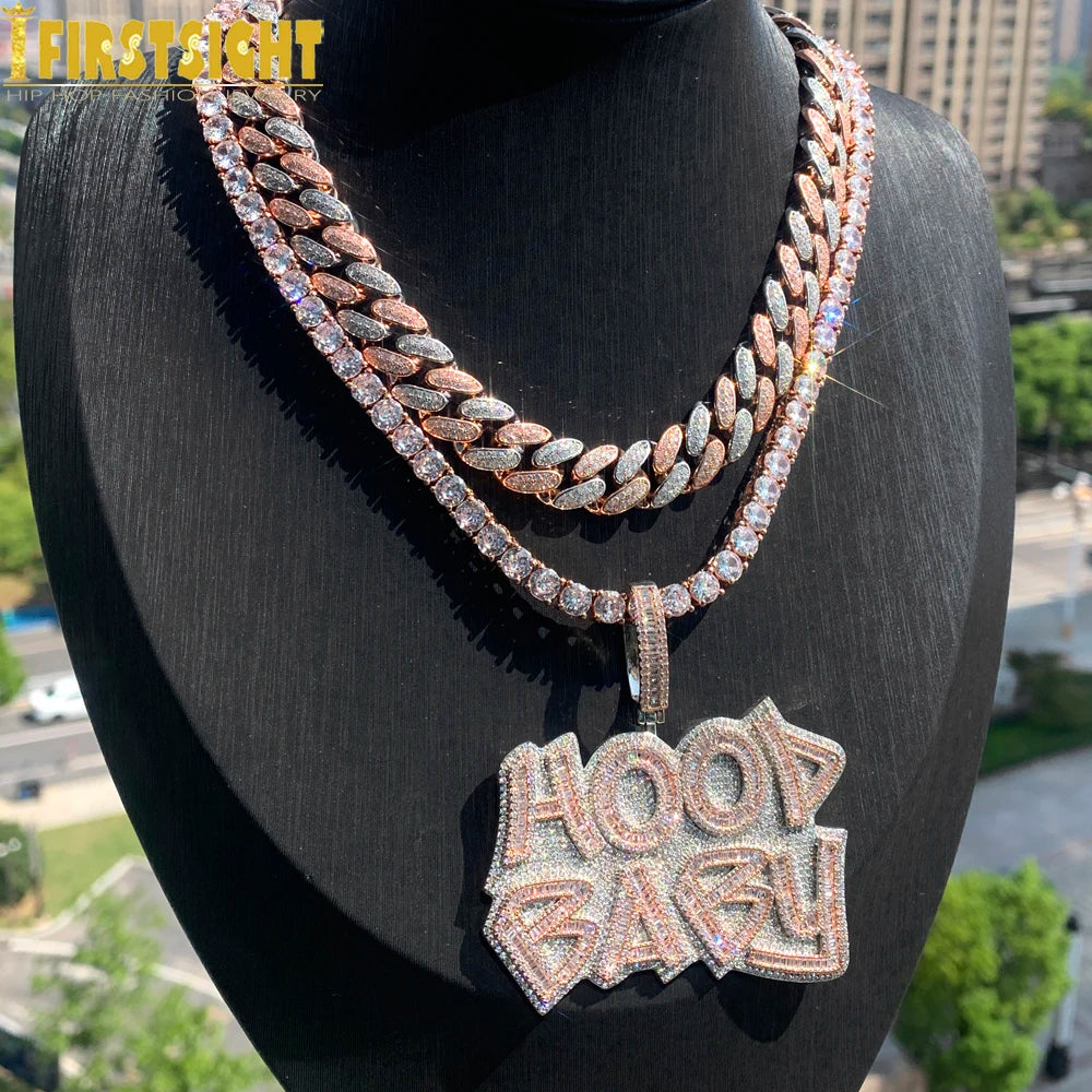 New Iced Out Bling Letter Hood Baby Pendants Necklaces Cubic Zirconia Two Tone Color Charm For Men Women Hip Hop Jewelry