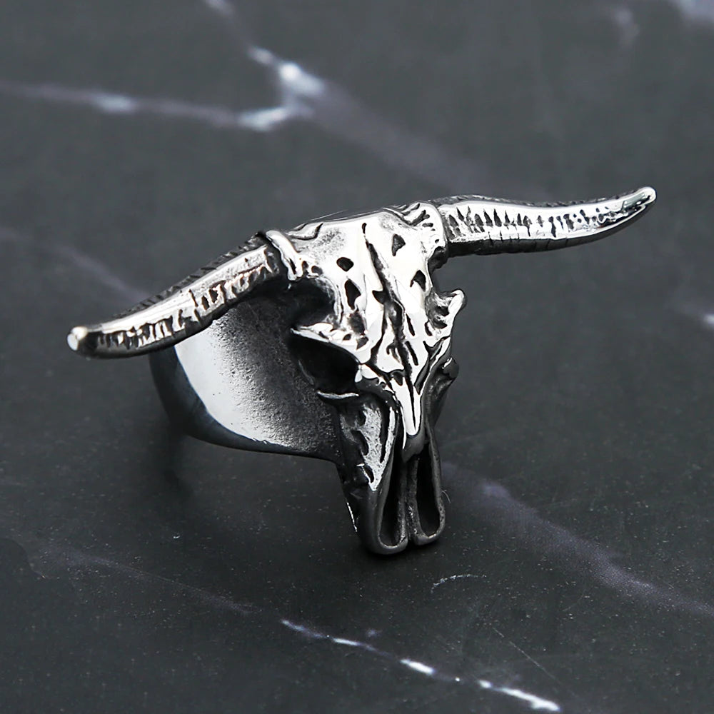Men Gothic 316L Stainless Steel Bull Skull Ring Punk Rock Biker Bull Head Animal Ring Cool Fashion Jewelry Gift Drop