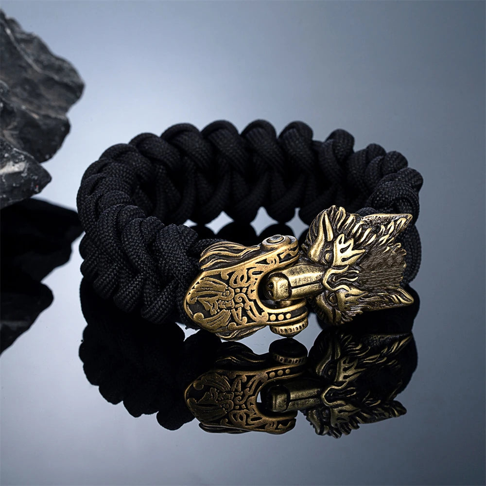 Viking Wolf Paracord Bracelet — Norse Runes, Steel Clasp
