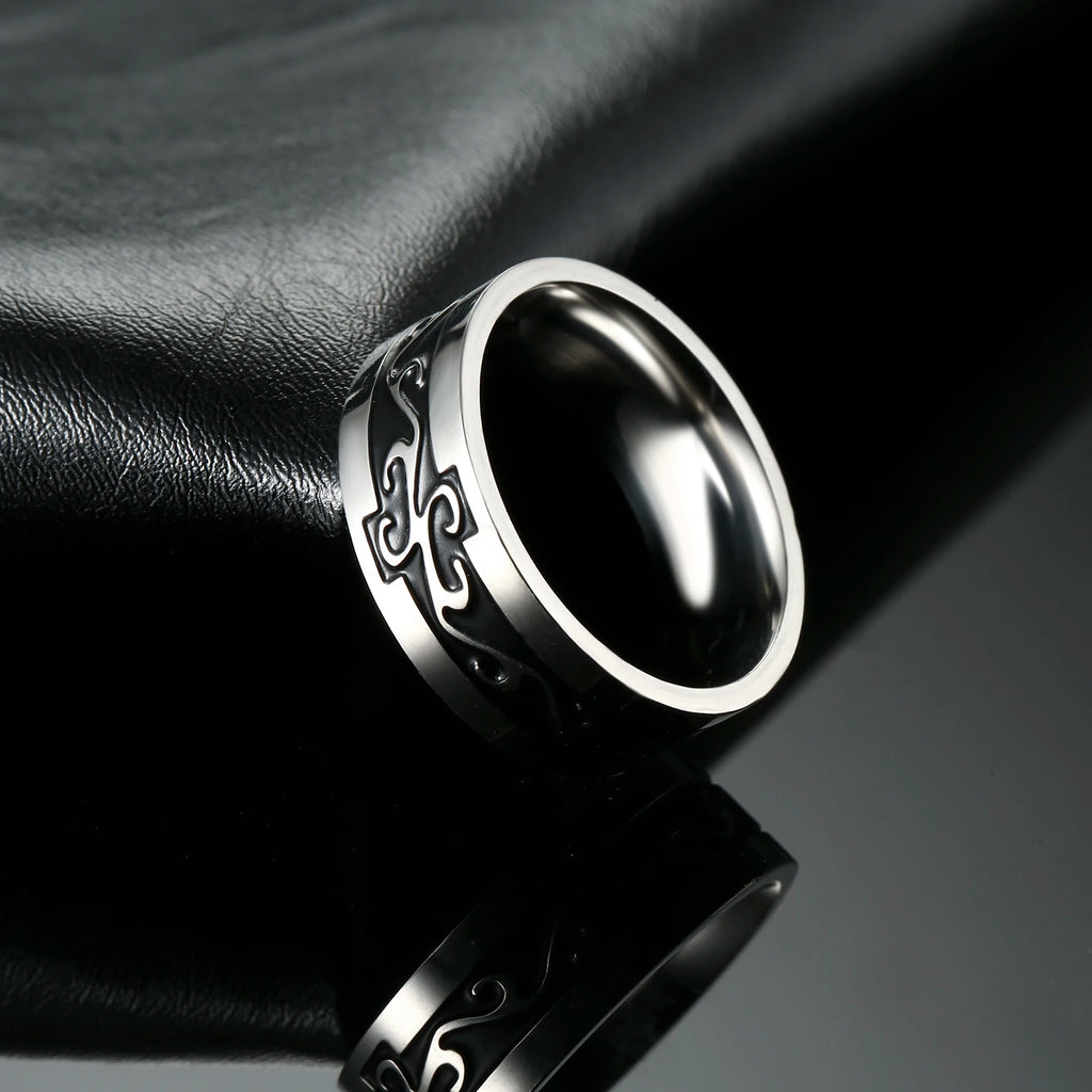 My Shape Vintage Fire Flame Totem Vine Cross Rings for Men Black Paint Punk Stainless Steel Finger Rings Male Jewelry
