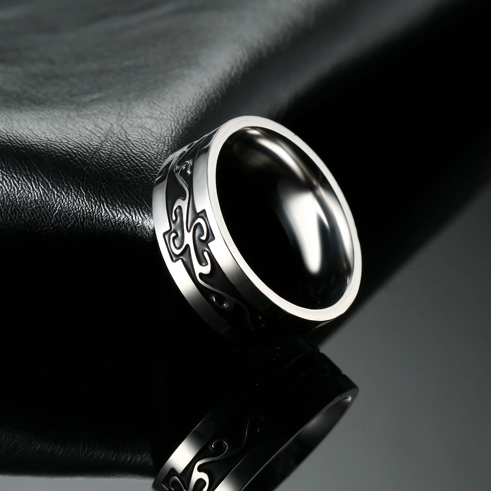 My Shape Vintage Fire Flame Totem Vine Cross Rings for Men Black Paint Punk Stainless Steel Finger Rings Male Jewelry