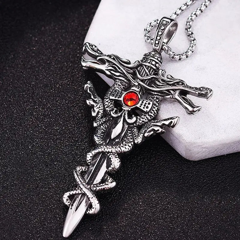 Silver Cross Pendant Necklace Vintage Red Stone