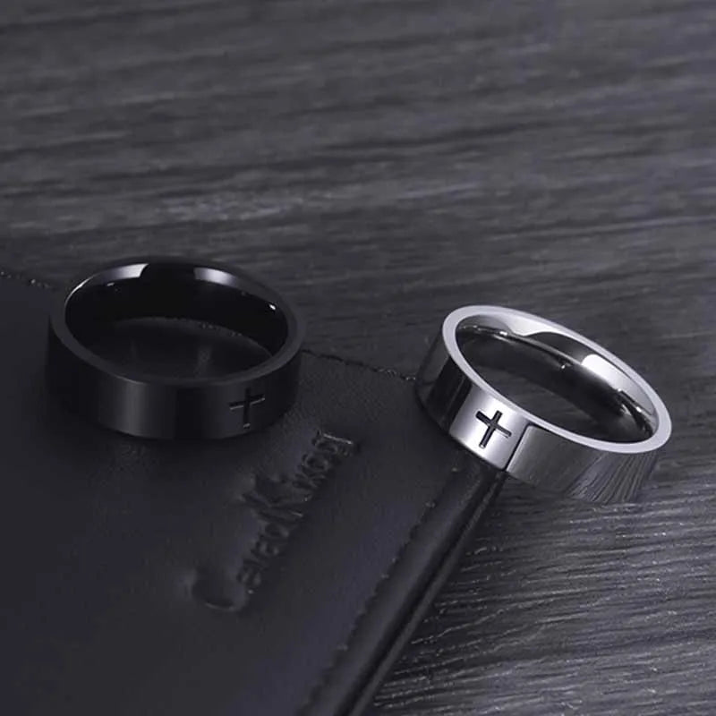 Unisex Retro Punk Style Jesus Cross Ring 6/8MM Black Silver Fashion Religious Prayer Jewelry for Men And Women Halloween Gift