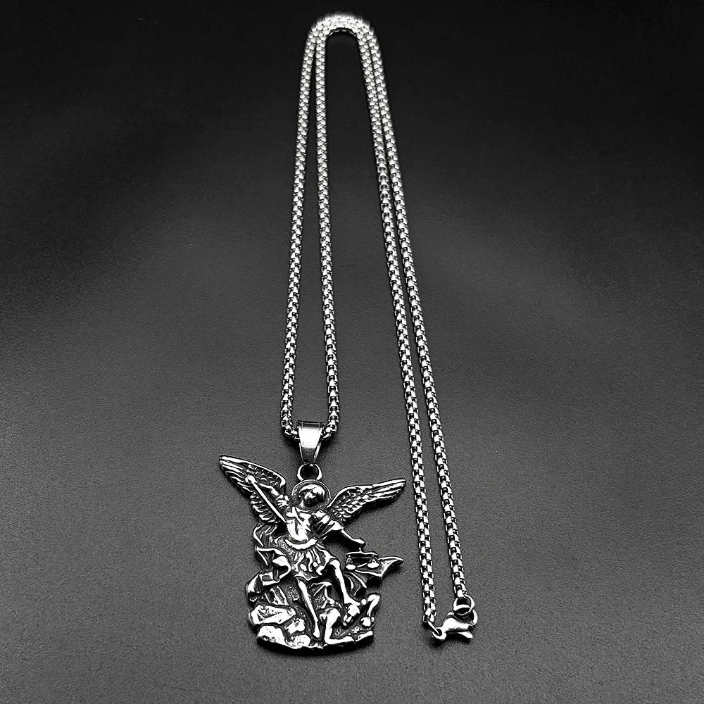 Archangel Michael Amulet Necklace — Silver-Tone