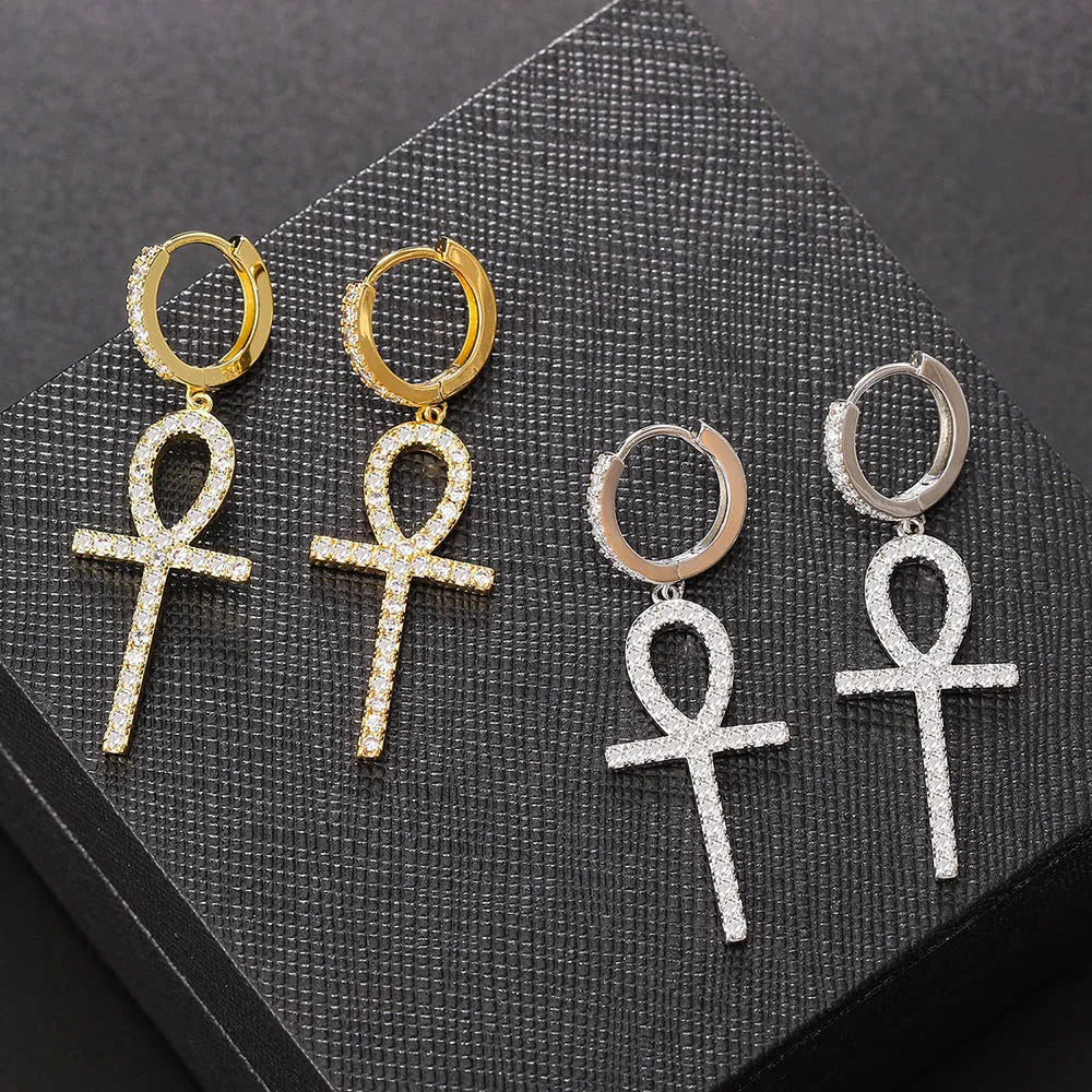 Iced Out Ankh Dangle Hoop Earrings CZ