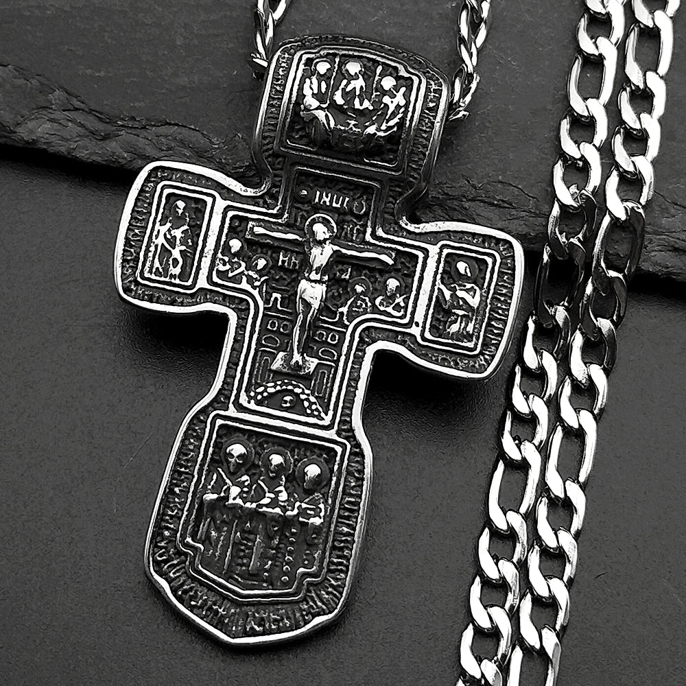 Jesus Crucifix Cross Orthodox Necklace for Women Men Stainless Steel Christian Believer Chain Necklace Vintage Charm