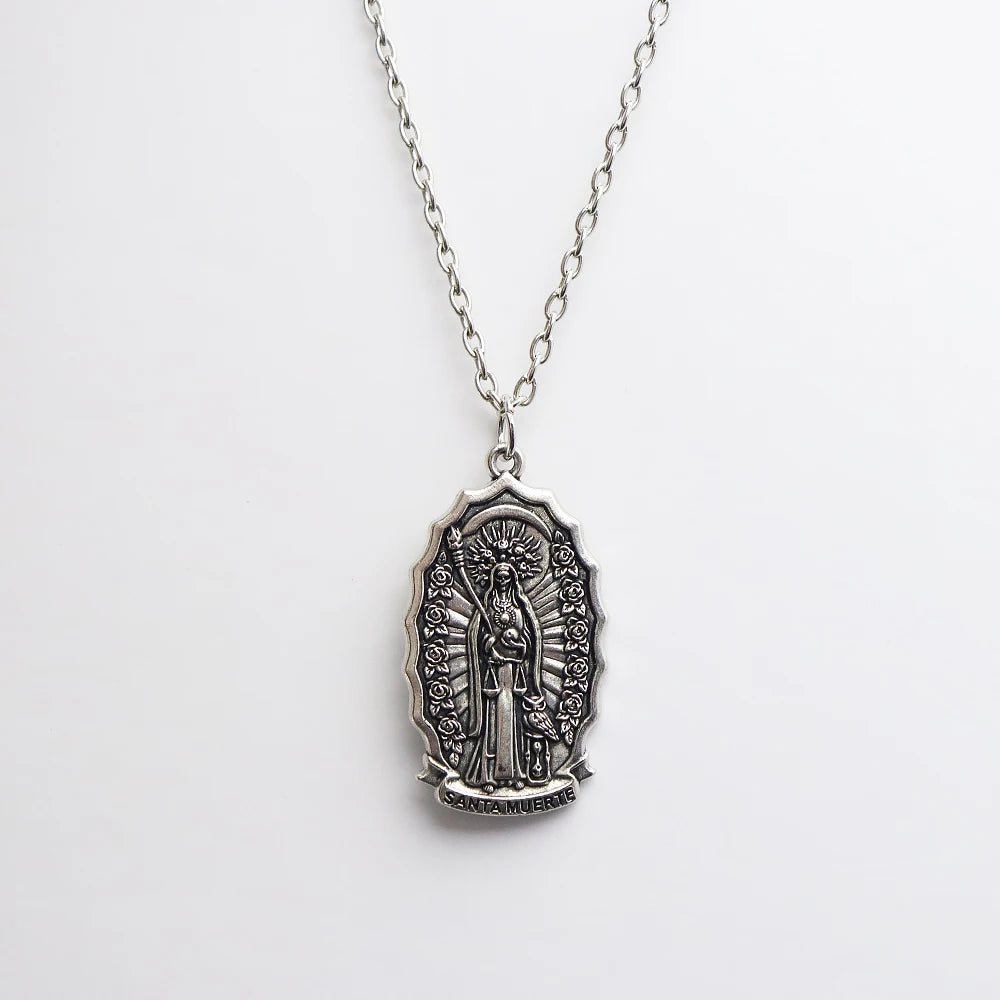 Santa Muerte Pendant Necklace, Gothic Death Saint Medal Necklace with Rose Border, Occult Dark Aesthetic Jewelry for