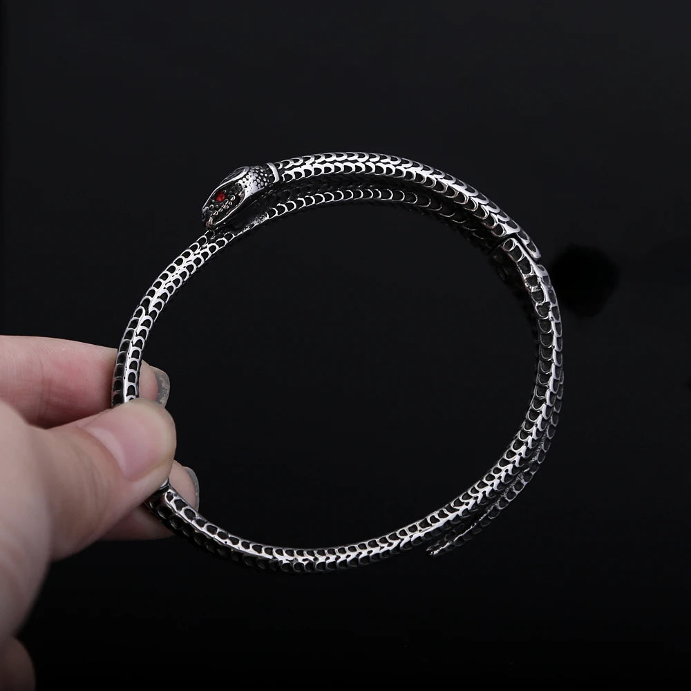 Gothic Vintage Viking Snake Bracelet With Red Stone For Men Women Stainless Steel Punk Rock Animal Bangles Fashion