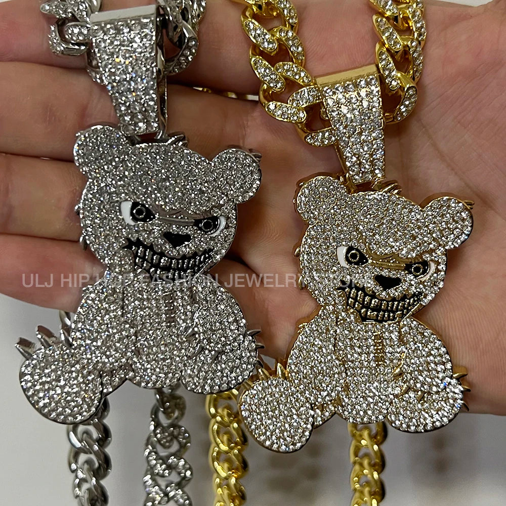 Men Women Iced Out Brown Bear Pendant Necklace With 13mm Miami Cuban Link Chain Men's Necklaces Choker Collar Hip Hop