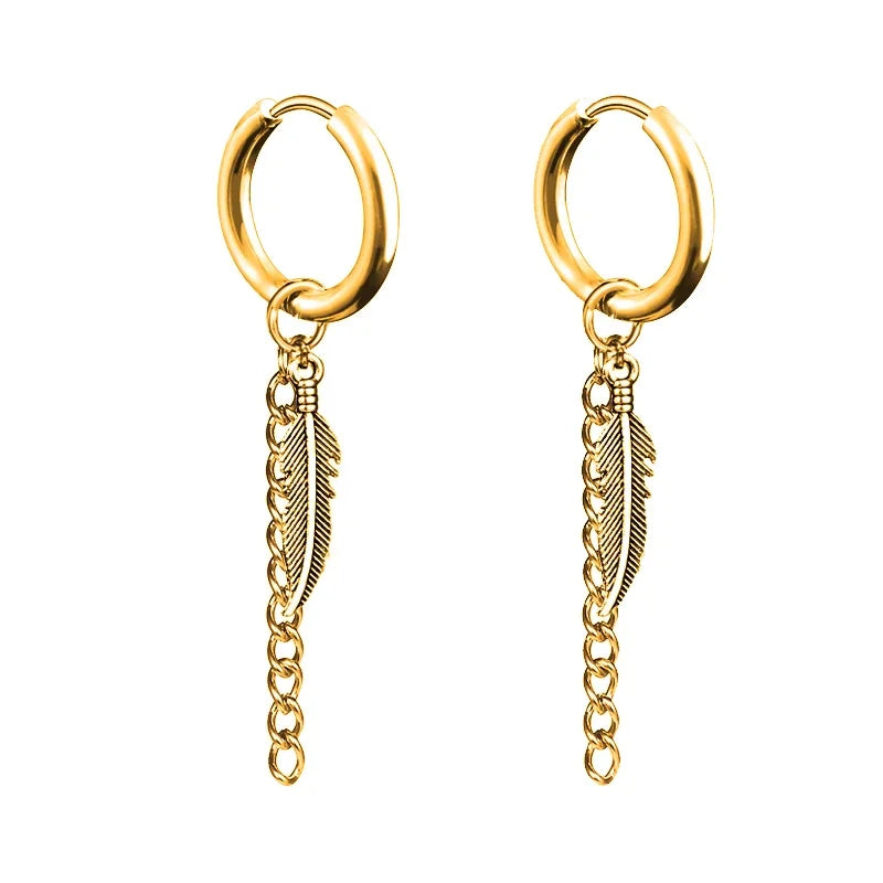 Feather Dangle Huggie Hoop Earrings for Men — Stainless Steel