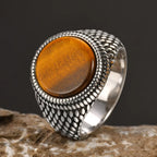 Vnox Dragon Scales Textured Signet Ring for Men,Round Tiger Eye Stone Top Finger Band,Black Gemstone Stainless Steel Stamp Ring
