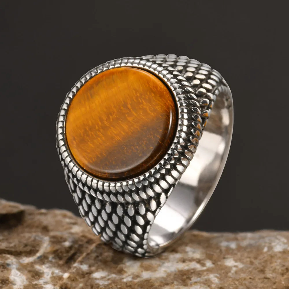 Vnox Dragon Scales Textured Signet Ring for Men,Round Tiger Eye Stone Top Finger Band,Black Gemstone Stainless Steel Stamp Ring
