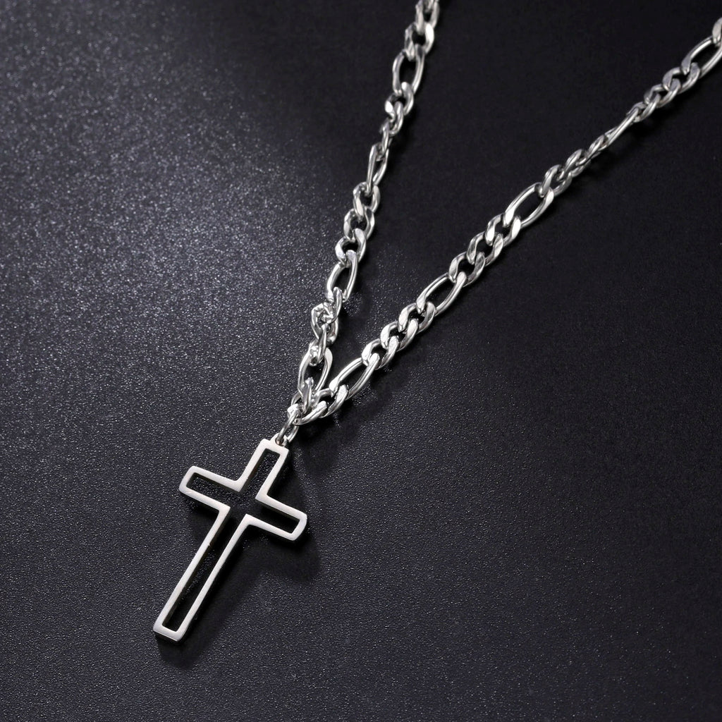 Hollow Cross Pendant Necklace for Men Women Stainless Steel Figaro Chain Necklace Punk Choker Jewelry for Party Gift