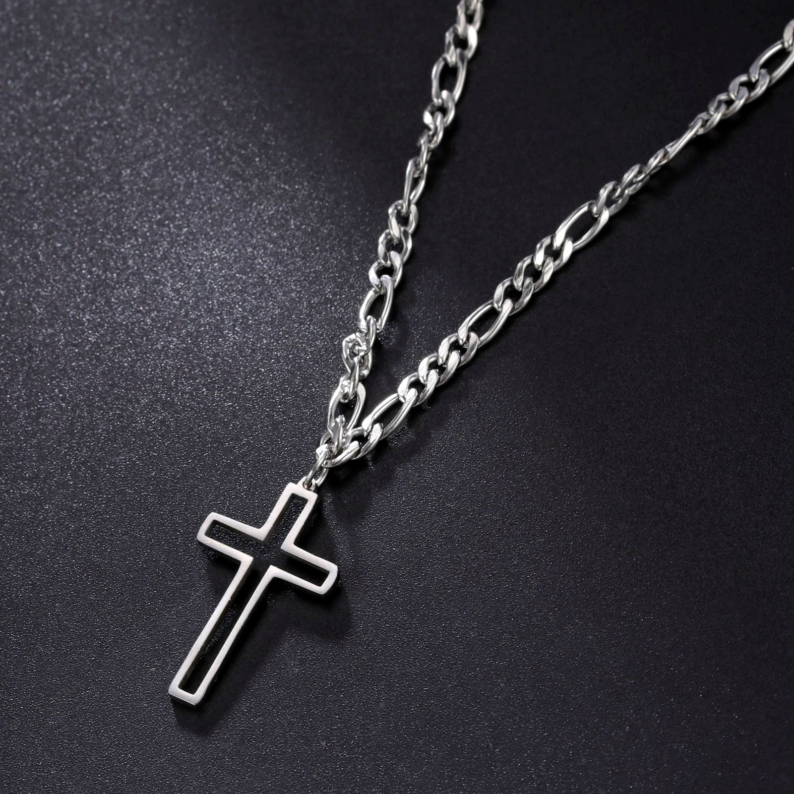 Hollow Cross Pendant Necklace for Men Women Stainless Steel Figaro Chain Necklace Punk Choker Jewelry for Party Gift