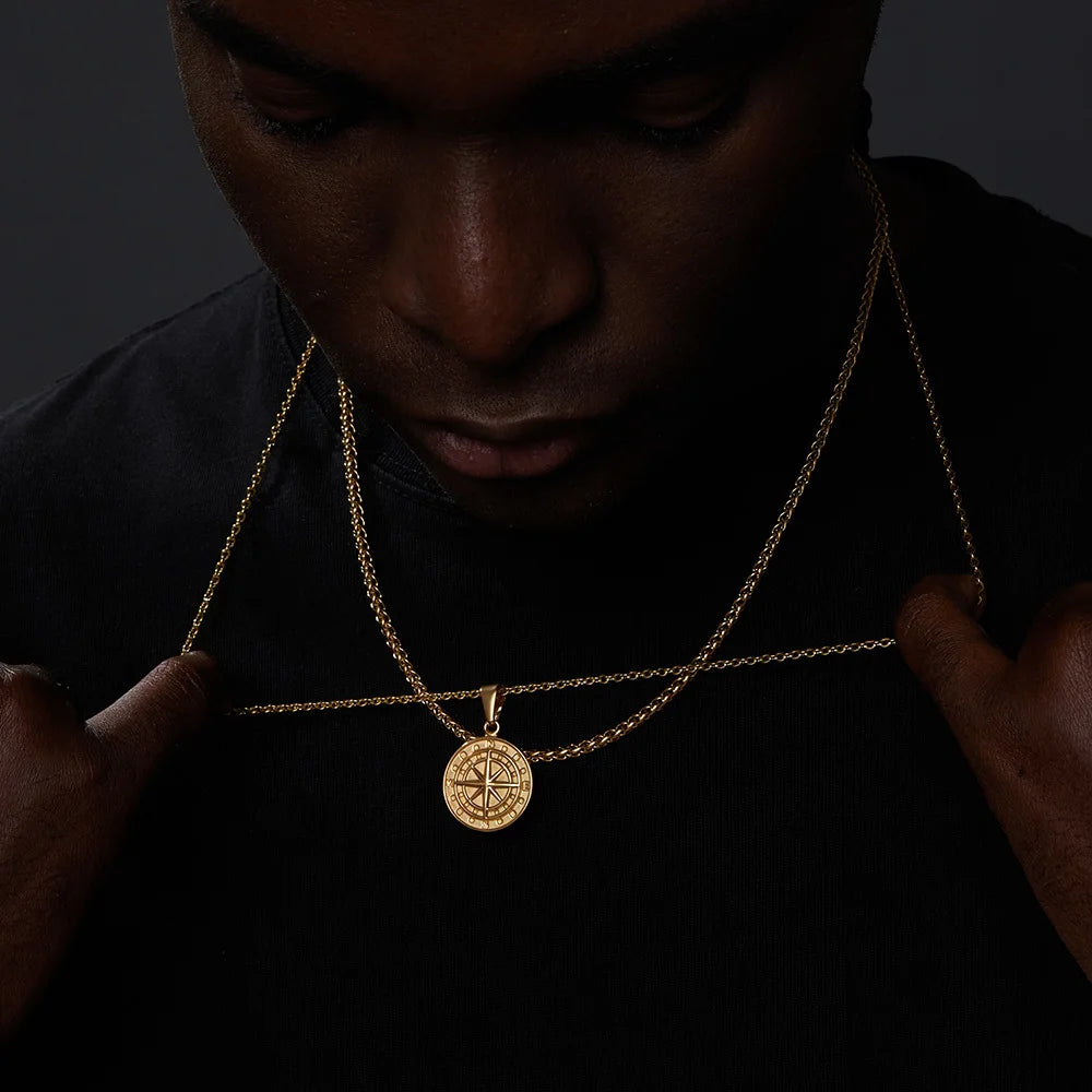 Layered Compass Cuban Figaro Necklace — Stainless Steel