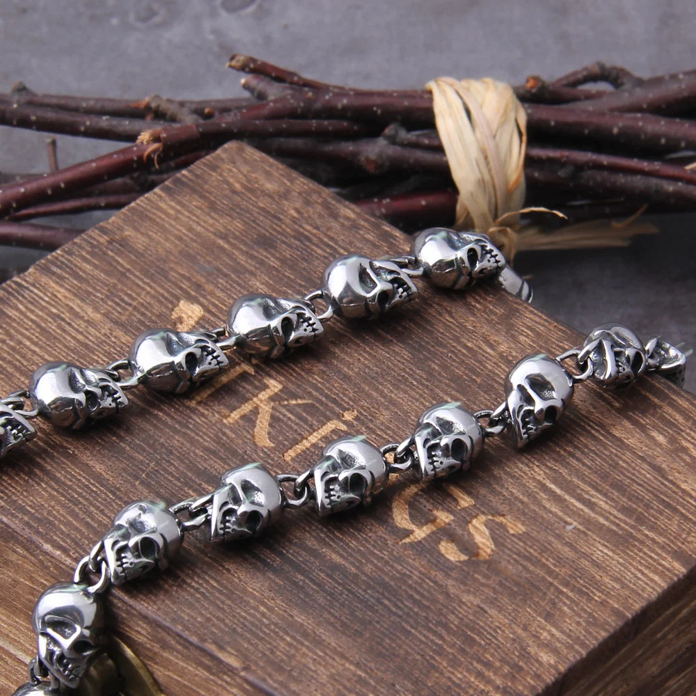Stainless steel new design men punk skull chain necklace men fashion stainless steel charm bracelet jewelry with wooden