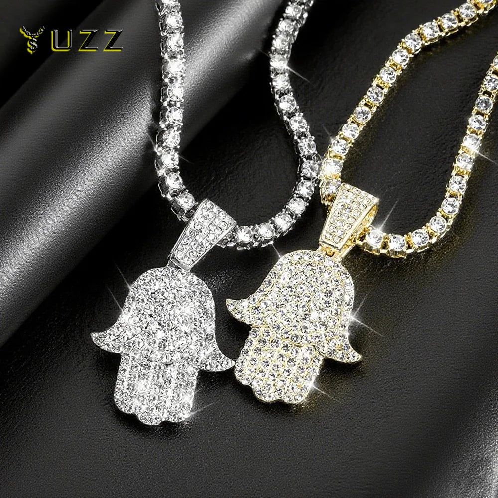 Men's Women Hip Hop Hamsa Hand Pendants Necklaces With 4mm Crystal Tennis Chain Punk  Rapper Jewelry Hiphop Style Couple Gifts