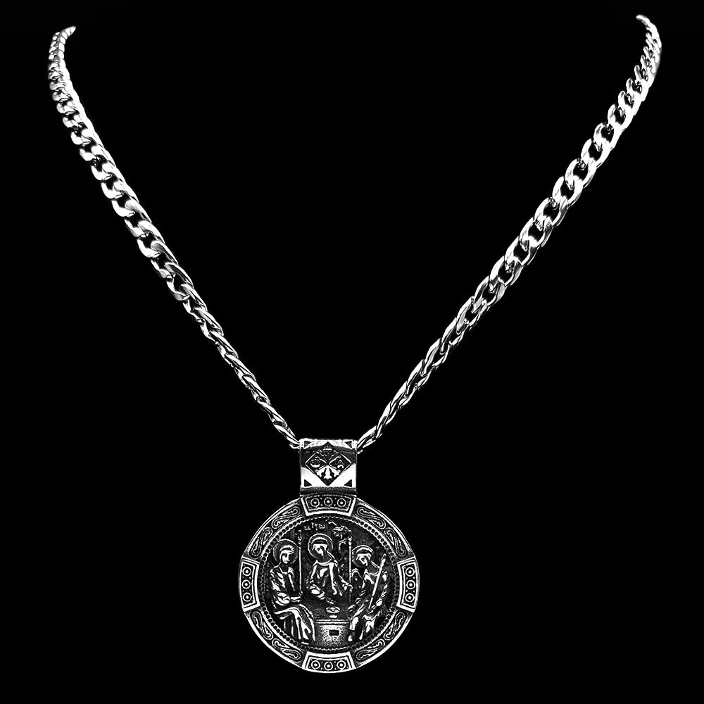 Vintage Orthodox Icons Holy Trinity Round Pendant Necklace for Men Stainless Steel Silver Color Chritian Amulet Chain
