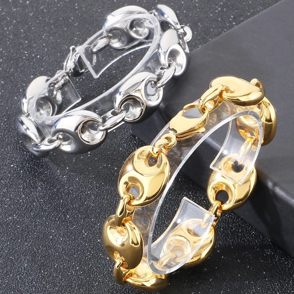 Luxury Gold Color Man Bracelets for Men 316L Stainless Steel 19MM Width Coffee Bean Style Chain Men's Bracelets