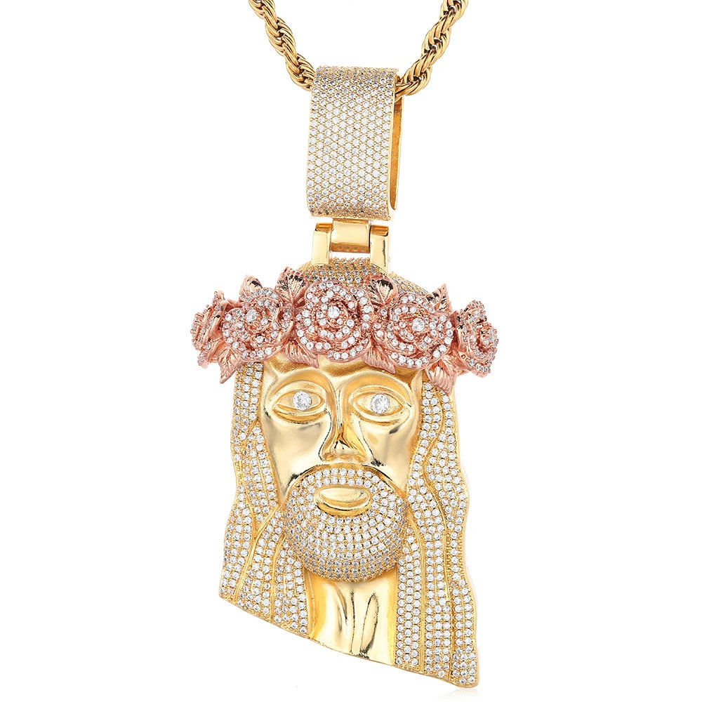Rose Gold Jesus Cuban Pendant Necklace Iced Out