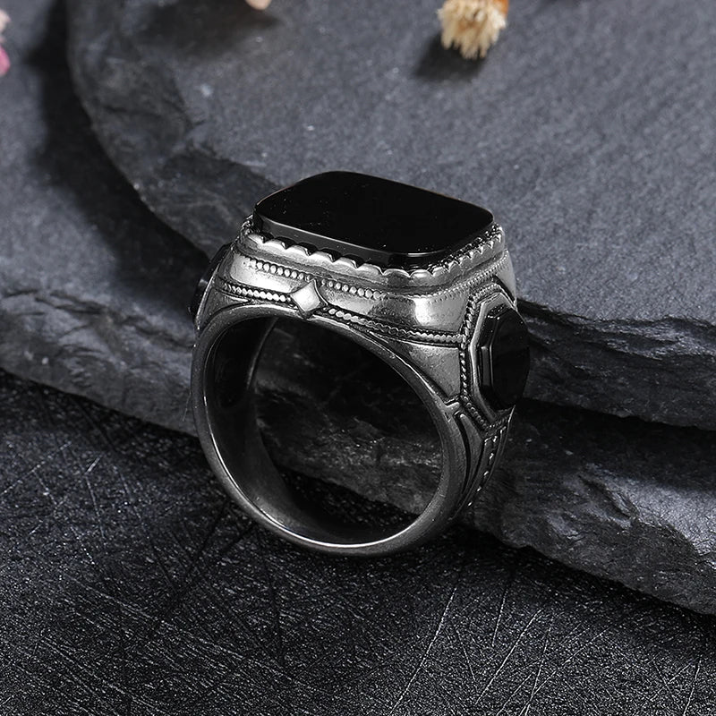 Silver Jewelry Ring Natural 14*16mm Big Black Agate Stone Vintage Ring For Women Party Gifts
