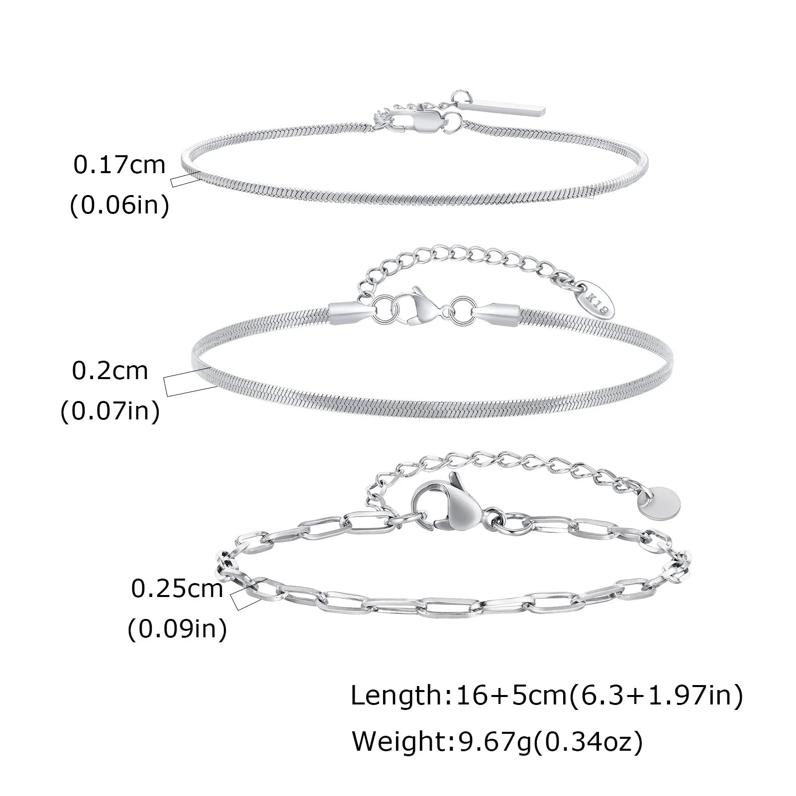 Thin Chain Bracelet Set 3pcs — Silver