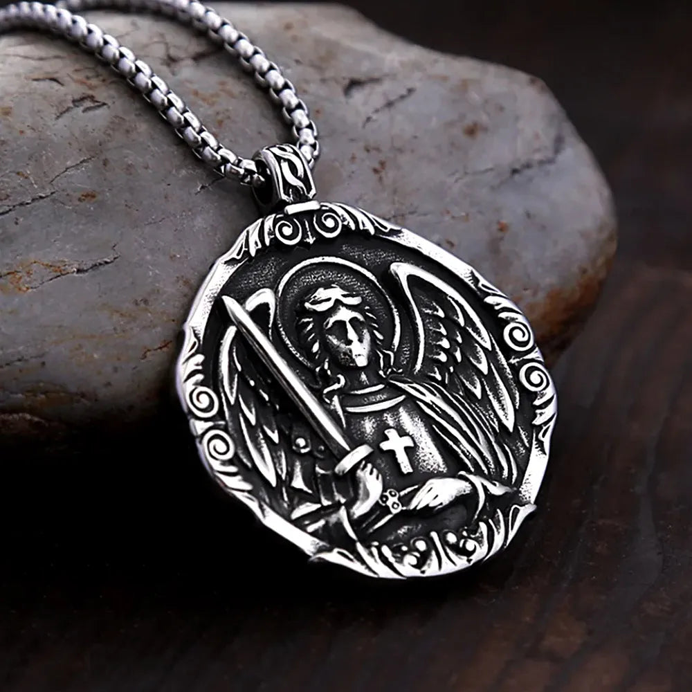 Saint Michael Archangel Cross Pendant Stainless Steel Vintage Classic Archangel Amulet Necklace For Men Women Fashion Jewelry