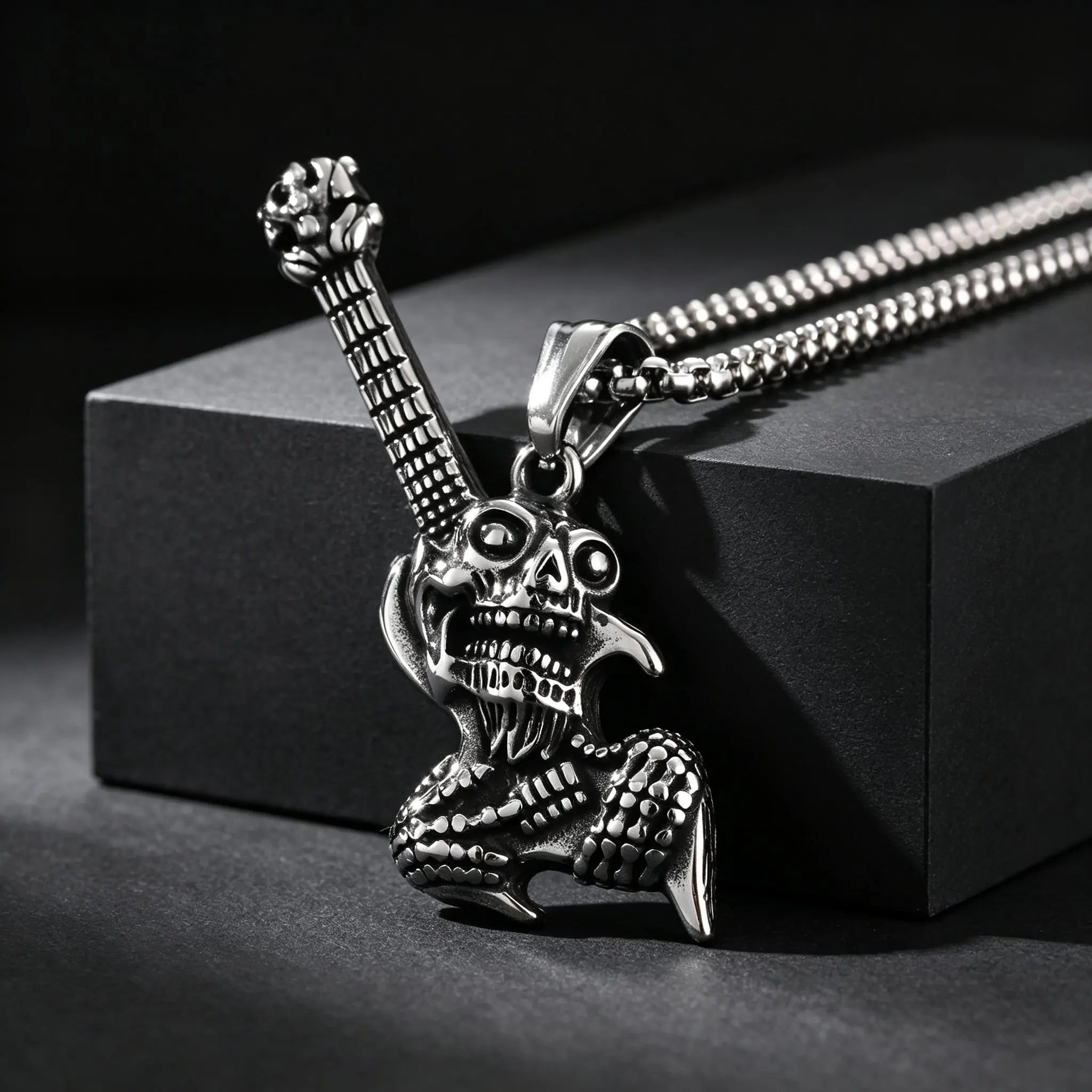 Gothic Hip Hop Skull Skeleton Guitar Necklace for Men Punk Instruments Pendant Stainless Steel Chain Neck Rock Jewelry Accessory