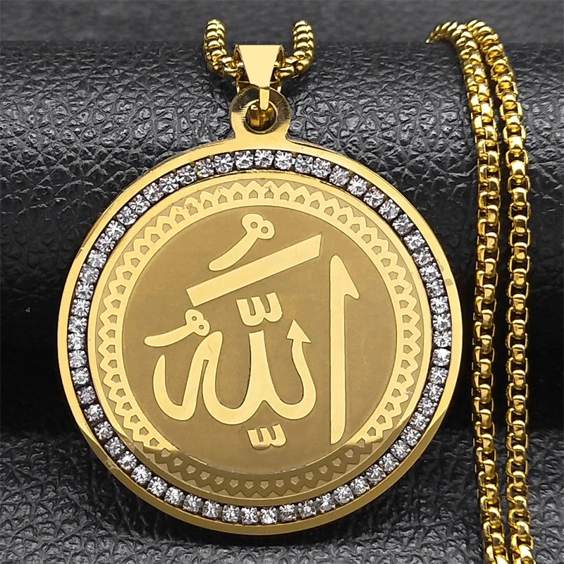 Arabic Quran Allah Medal Necklace for Women Men Rhinestone Stainless Steel Gold Color Islam Muslim Chain Jewelry collar