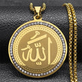 Arabic Quran Allah Medal Necklace for Women Men Rhinestone Stainless Steel Gold Color Islam Muslim Chain Jewelry collar