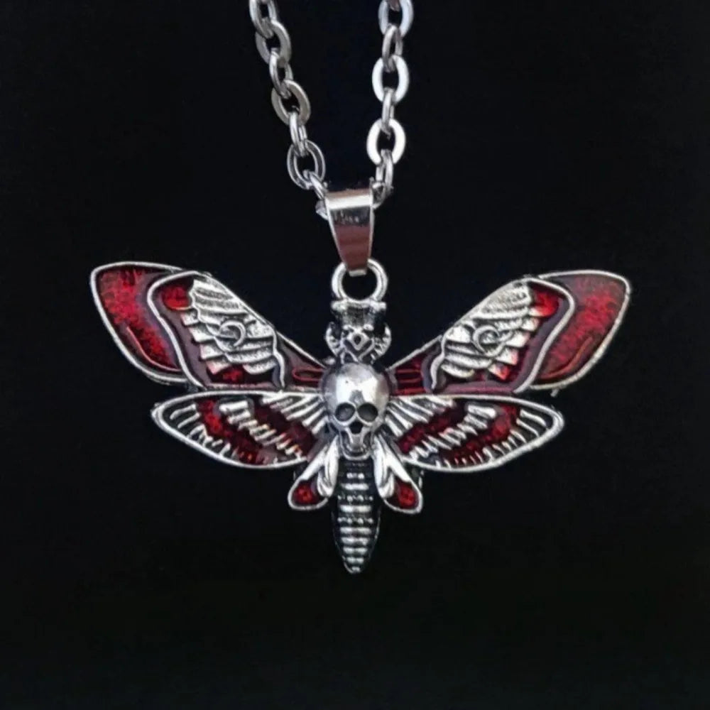 Gothic Personality Sliver Color Skull Moths Wings Red Drip Glaze Pendant Necklace for Women Men Collar Chain Punk