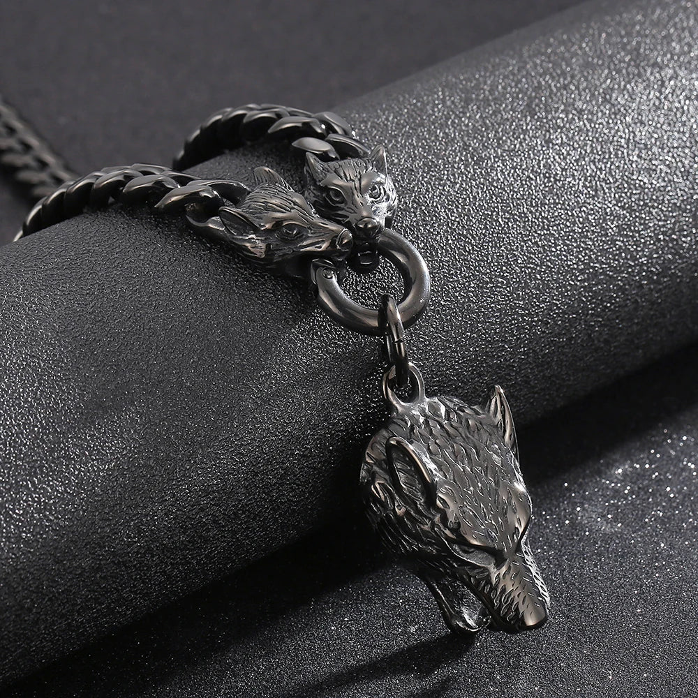 Curb Link Chain Men's Neck Necklaces for Man Gold Color Stainless Steel Wolf Head Man Pendant Necklace 65CM Long Viking
