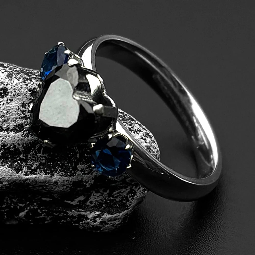 Gothic Heart Silver Ring Blue Rhinestones Finger