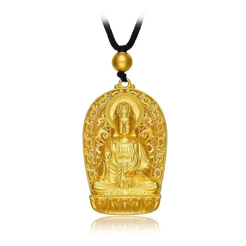 Unisex 24K Gold (AU999) Avalokitesvara Pendant | Solid gold 3D statue, chiseled lotus patterns in matte ancient finish