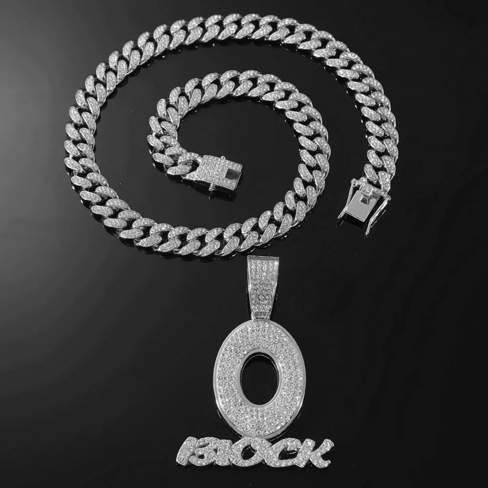 Trendy Hip Hop Letter Charm Letter O Block Pendant Necklace For Women Men Bling Iced Out Cuban Chain Necklaces Charm