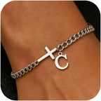 Men Cross Cuban Chain Bracelets for Men Initial A-Z Faith Cross Bracelets, Stainless Steel Initial Bracelet Religious