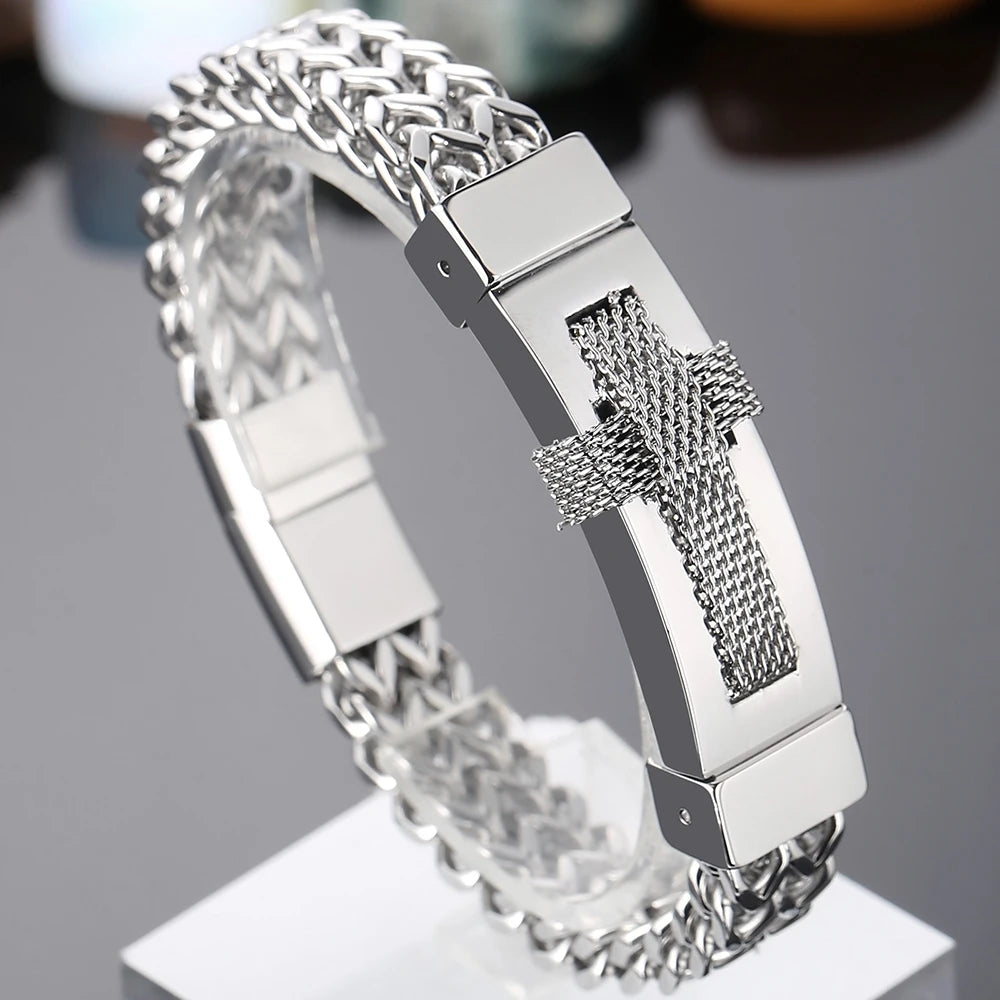 Christian Cross Bracelet for Man Gold Color Stainless Steel Men's Wrist Bracelets On Hand Man Jewellery Accessories