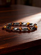 Hematite Stone Bracelet Handmade Woven with Gold color Spacers Cylinder Beads Leather for Energy Protection Reiki Charm Jewelry