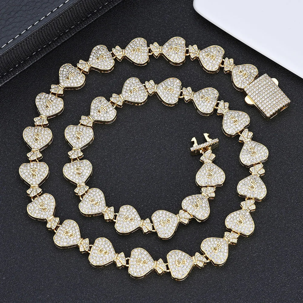 Iced Out Cuban Chain Necklace Money Bag CZ