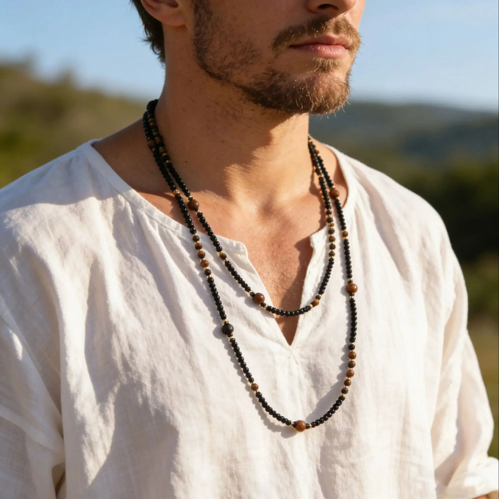 Black Agate Natural Stone Tiger Eye Beads Chain Necklace for Men, Retro Long Sweater Chain Necklace, Fashion Boho