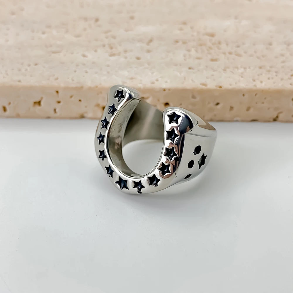 EManco Horseshoe U-shaped Star Retro Stainless Steel Men's Rings Punk Hip Hop for Male Boyfriend Biker Jewelry Creativity Gift