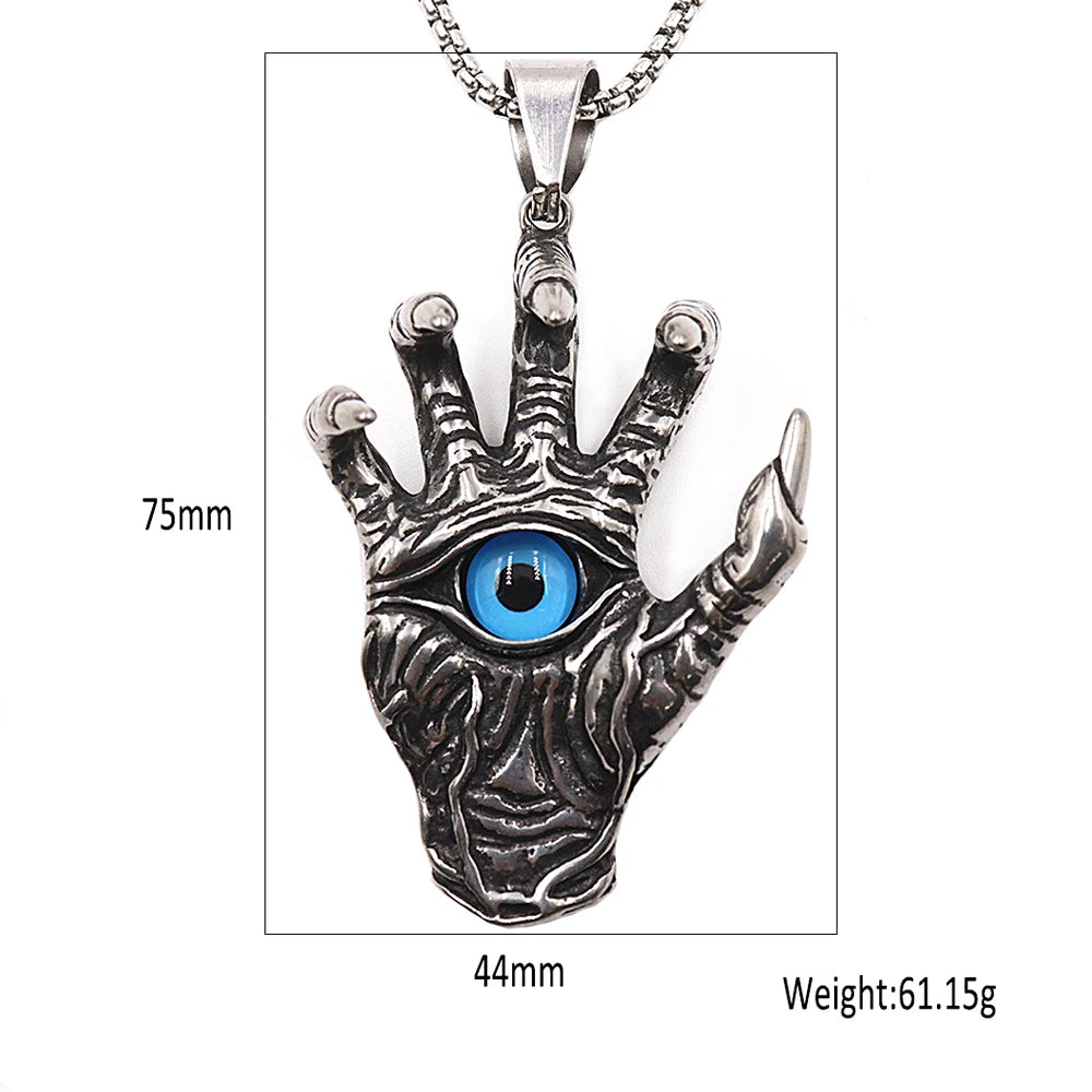 Vintage Skull Hand Demon Eye Necklace Pendant Men's Punk Biker Stainless Steel Hell's Eye Pendant Fashion Men Chain