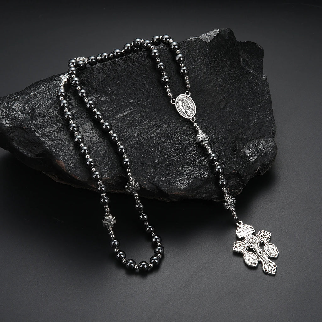 Black Hematite Cross Pendant Necklace — Zinc Alloy