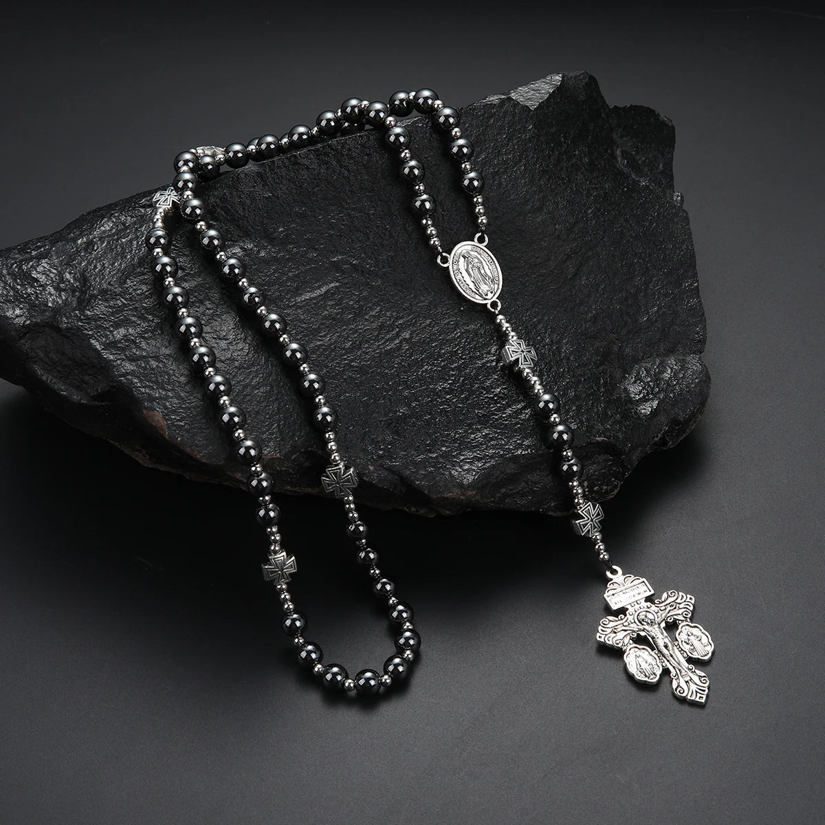 Black Hematite Cross Pendant Necklace — Zinc Alloy