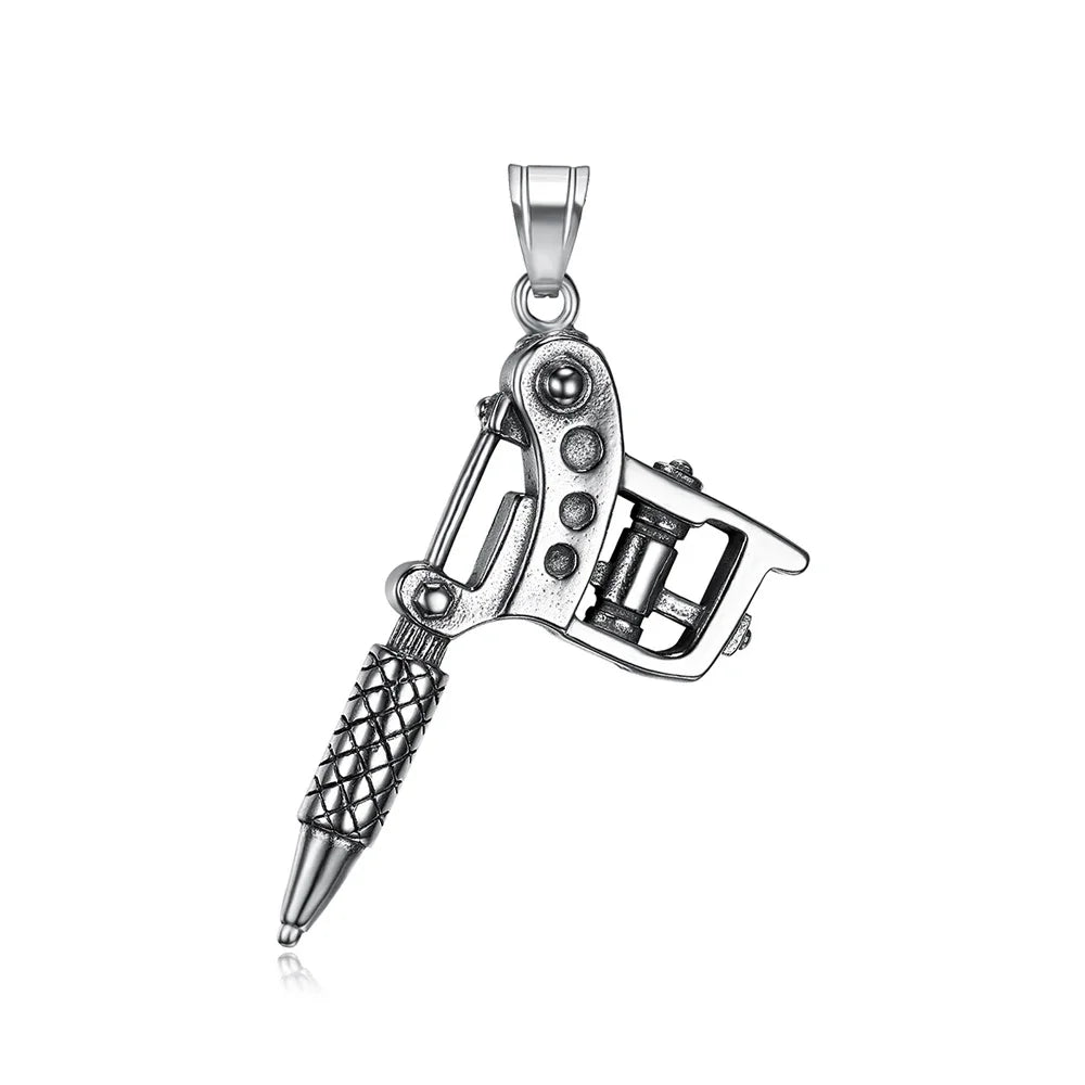 Vintage Stainless Steel Tattoo Machine Tool Pendant Necklace For Men Women Punk Hip Hop Tattoo Artist Gifts Jewelry