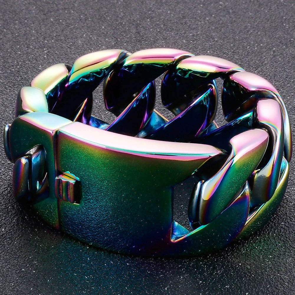 Men's Heavy Big Chunk 32MM Width Curb Cuban Link Chain Bracelet Man Blue Rainbow 316L Stainless Steel Jewelry Birthday