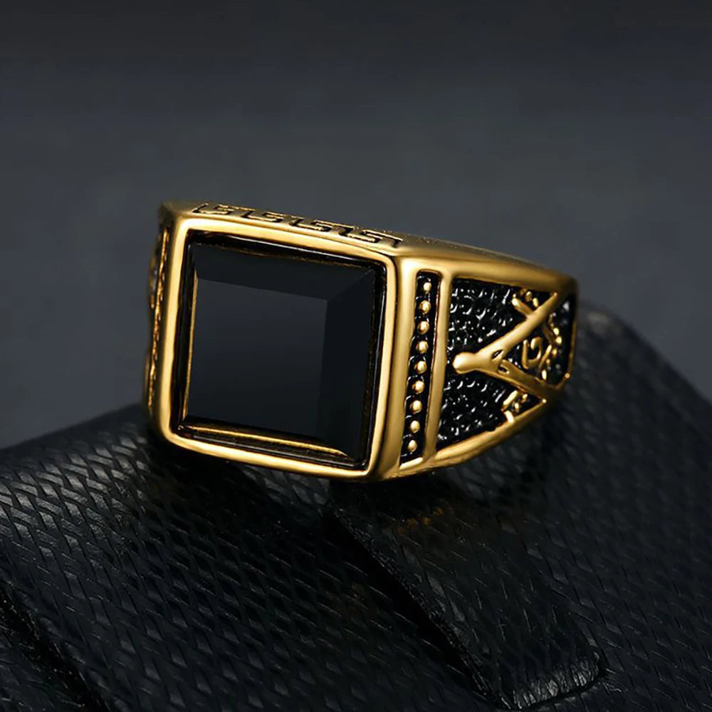 Vintage Black Square Rings For Men Women 316L Stainless Steel Gothic Fashion Masonic Letter G Ring Biker Jewelry Accessories