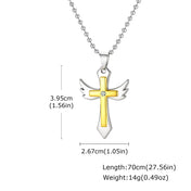 Mens Stainless Steel Necklace, Two-tone Wing Cross Pendant CZ Stone, 70cm Bead Chain, Religious Faith Jewelry Gift for Men