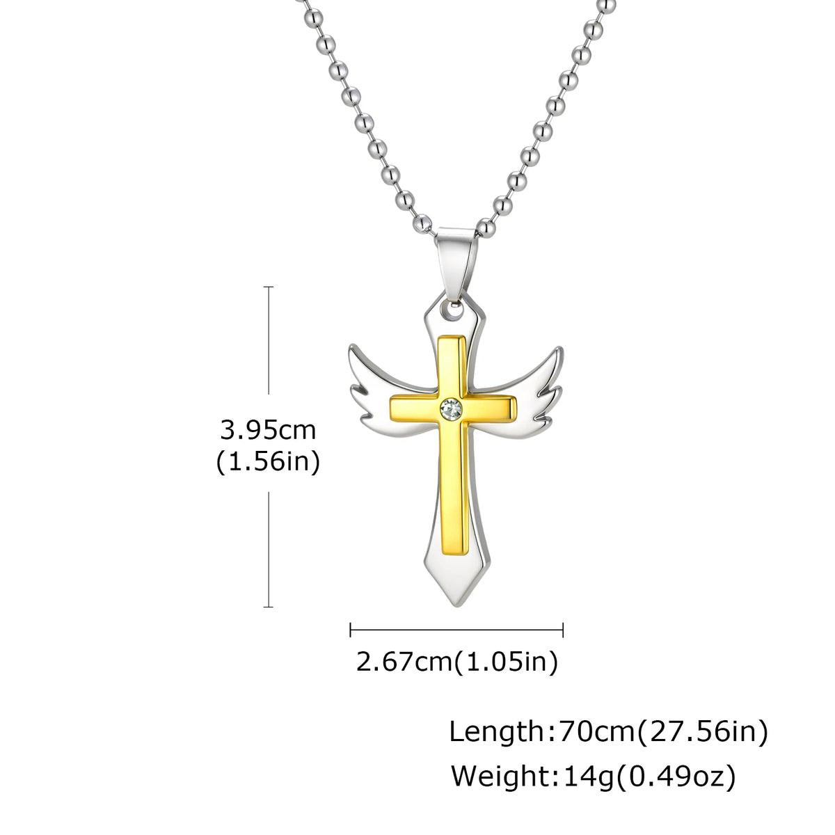 Mens Stainless Steel Necklace, Two-tone Wing Cross Pendant CZ Stone, 70cm Bead Chain, Religious Faith Jewelry Gift for Men